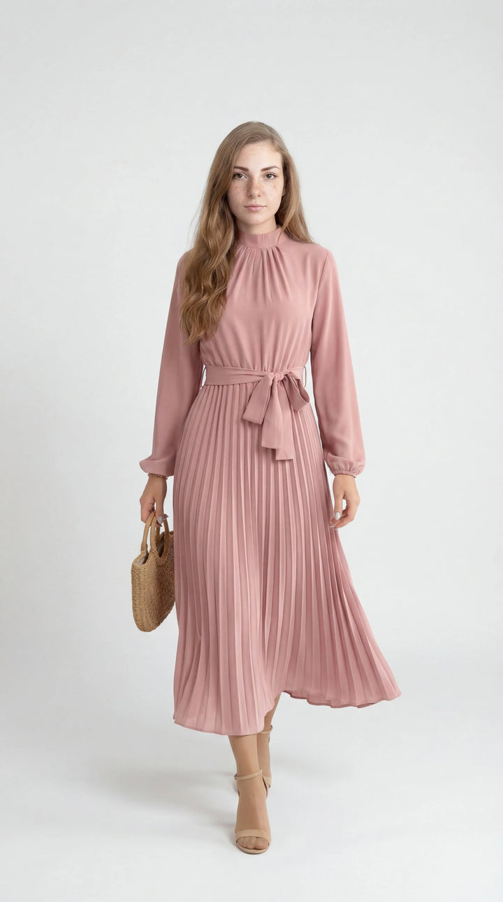 Damen Midikleid mit Falten – Bindegürtel, Stehkragen, Lange Ärmel