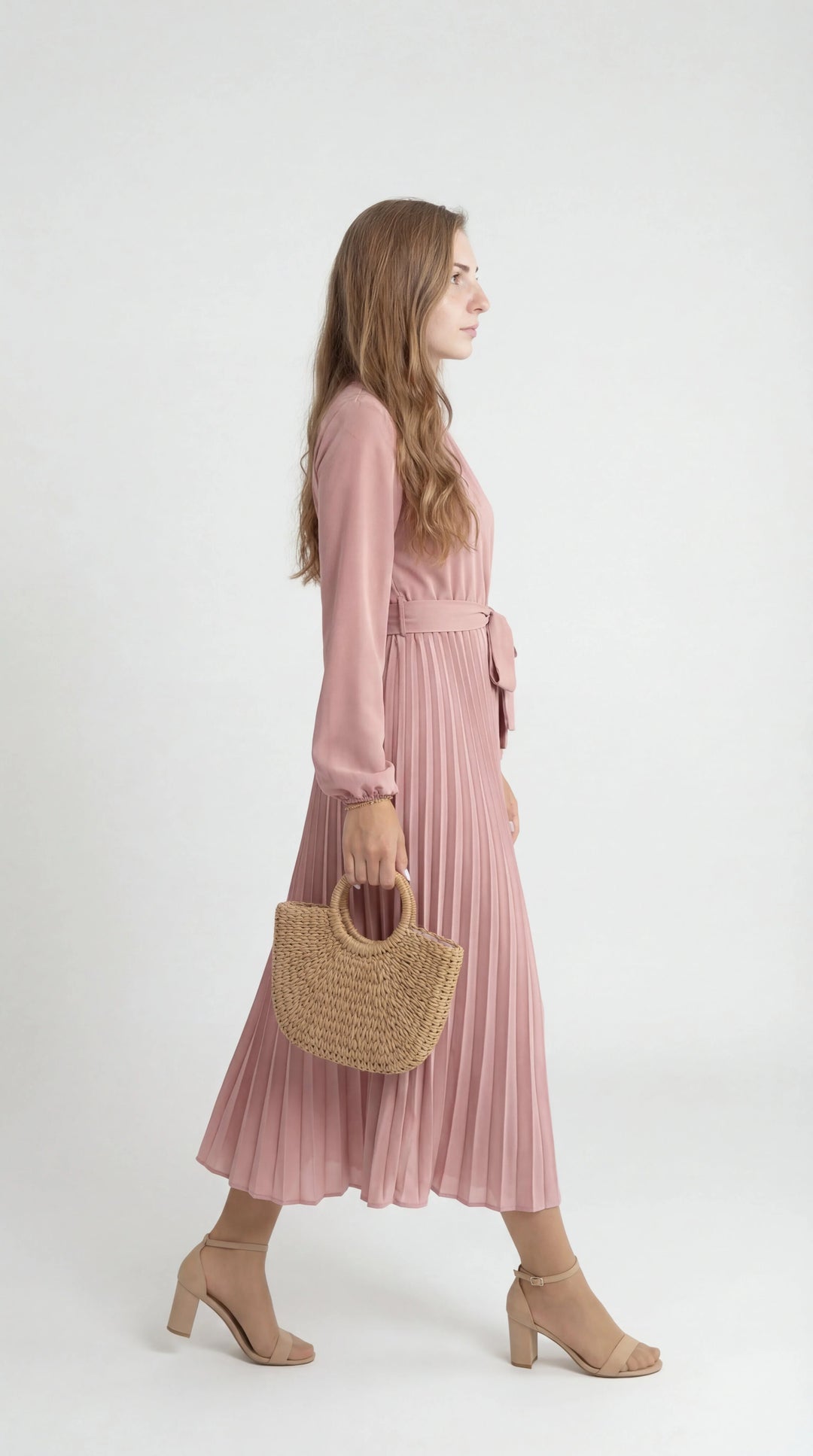 Damen Midikleid mit Falten – Bindegürtel, Stehkragen, Lange Ärmel