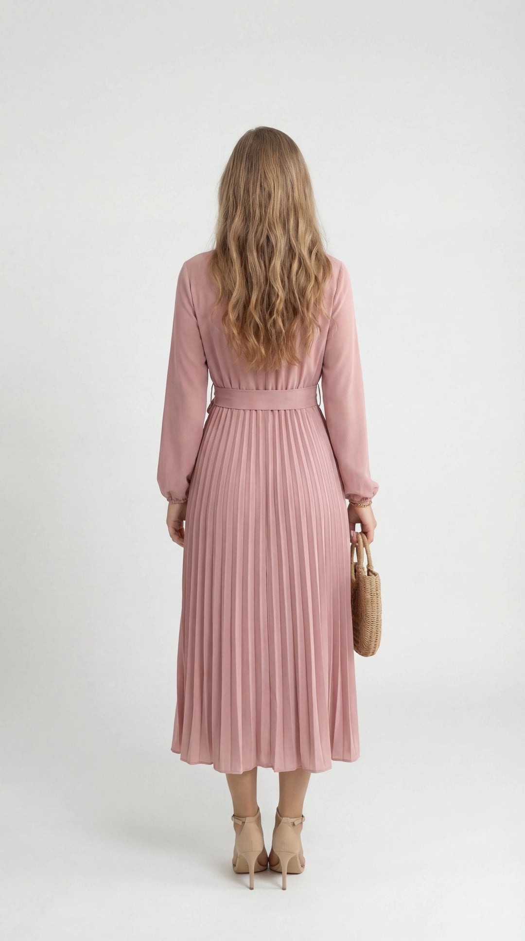 Damen Midikleid mit Falten – Bindegürtel, Stehkragen, Lange Ärmel