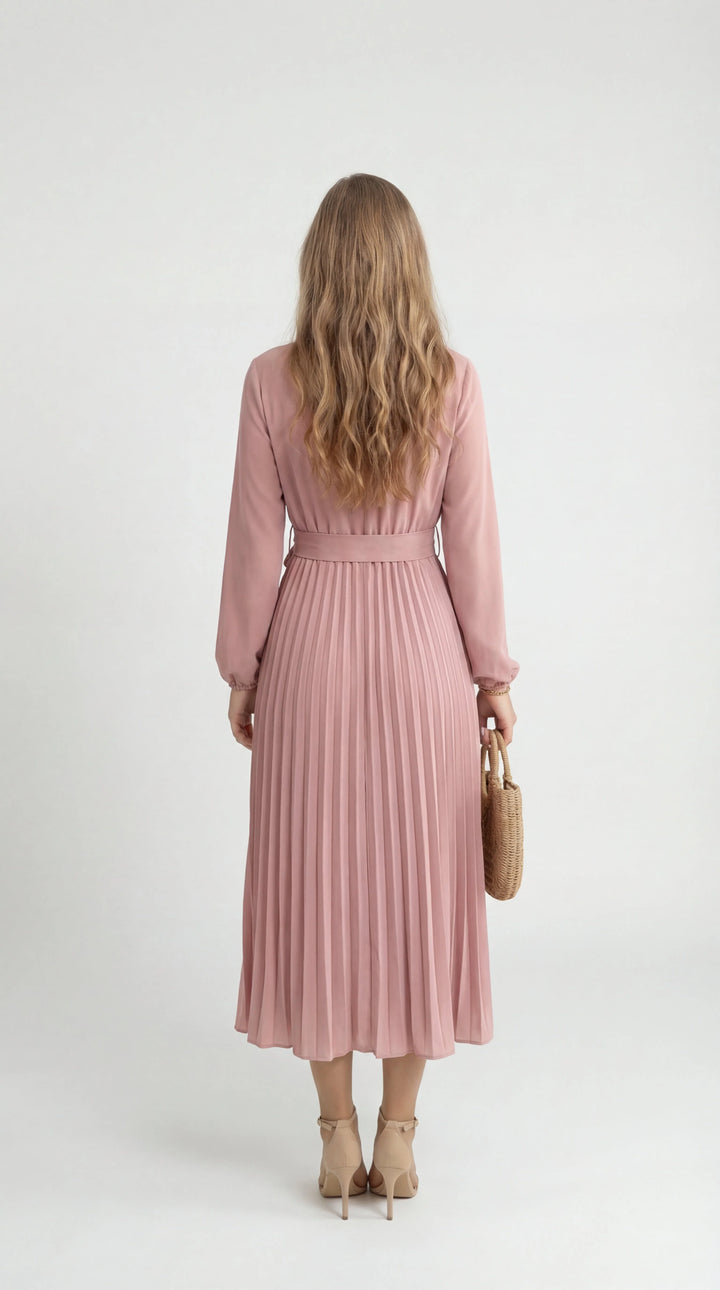 Damen Midikleid mit Falten – Bindegürtel, Stehkragen, Lange Ärmel