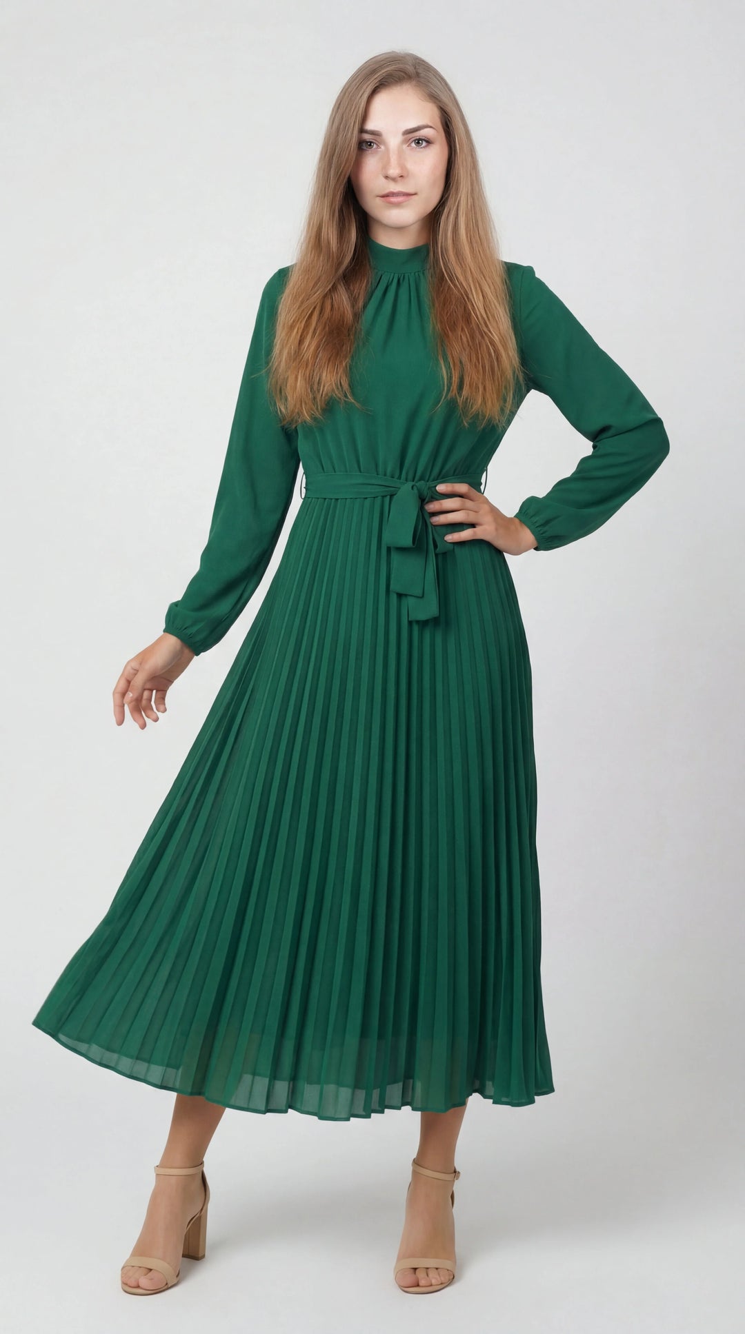 Damen Midikleid mit Falten – Bindegürtel, Stehkragen, Lange Ärmel