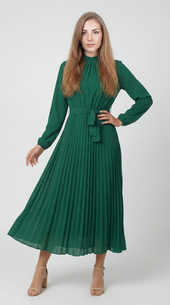 Damen Midikleid mit Falten – Bindegürtel, Stehkragen, Lange Ärmel