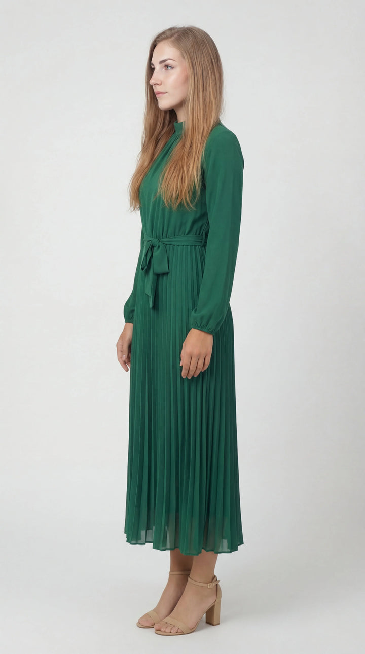 Damen Midikleid mit Falten – Bindegürtel, Stehkragen, Lange Ärmel