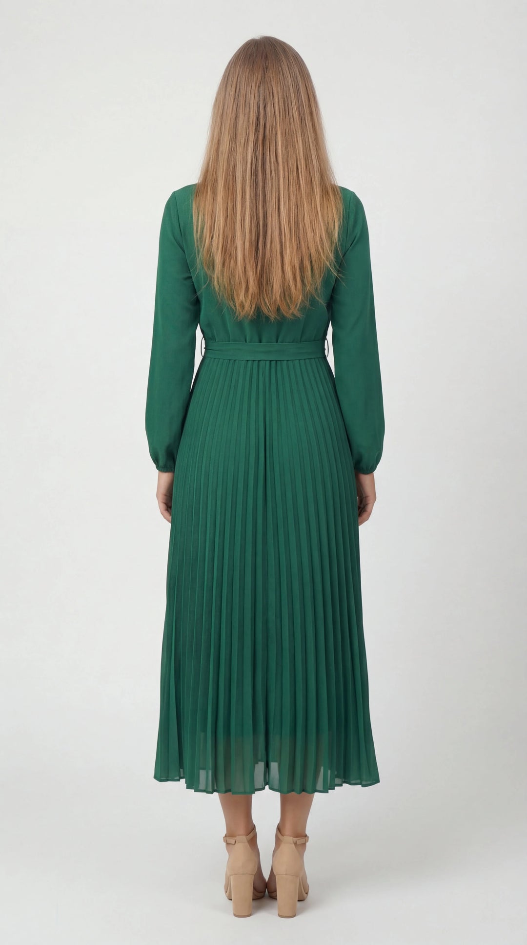 Damen Midikleid mit Falten – Bindegürtel, Stehkragen, Lange Ärmel