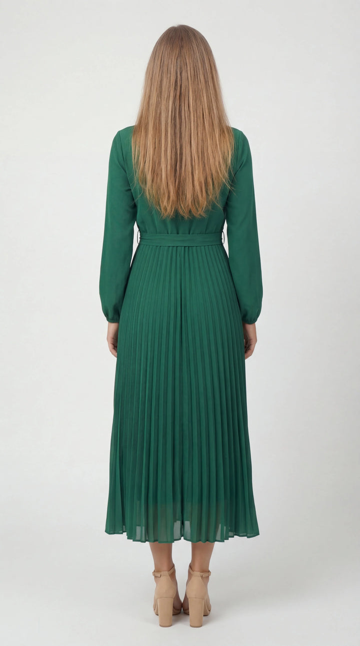 Damen Midikleid mit Falten – Bindegürtel, Stehkragen, Lange Ärmel