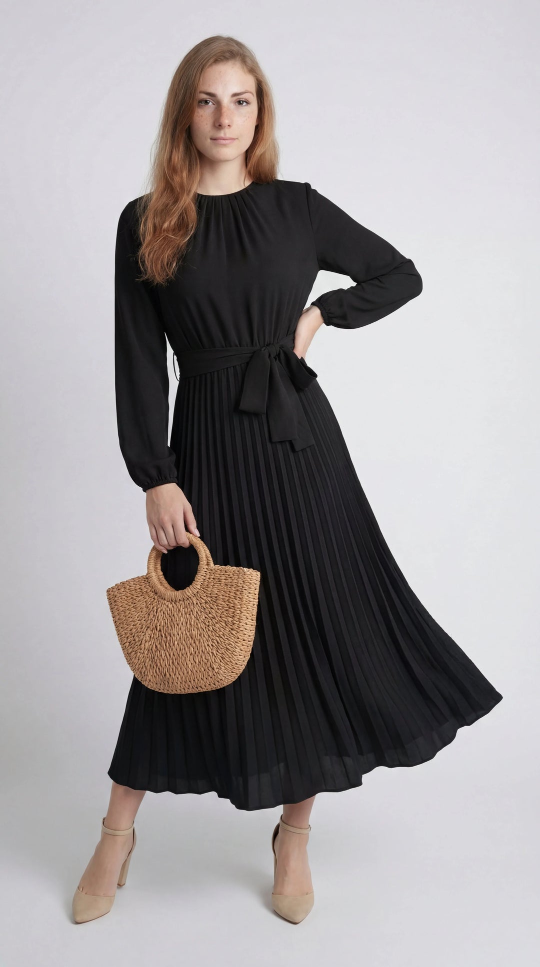 Damen Midikleid mit Falten – Bindegürtel, Stehkragen, Lange Ärmel