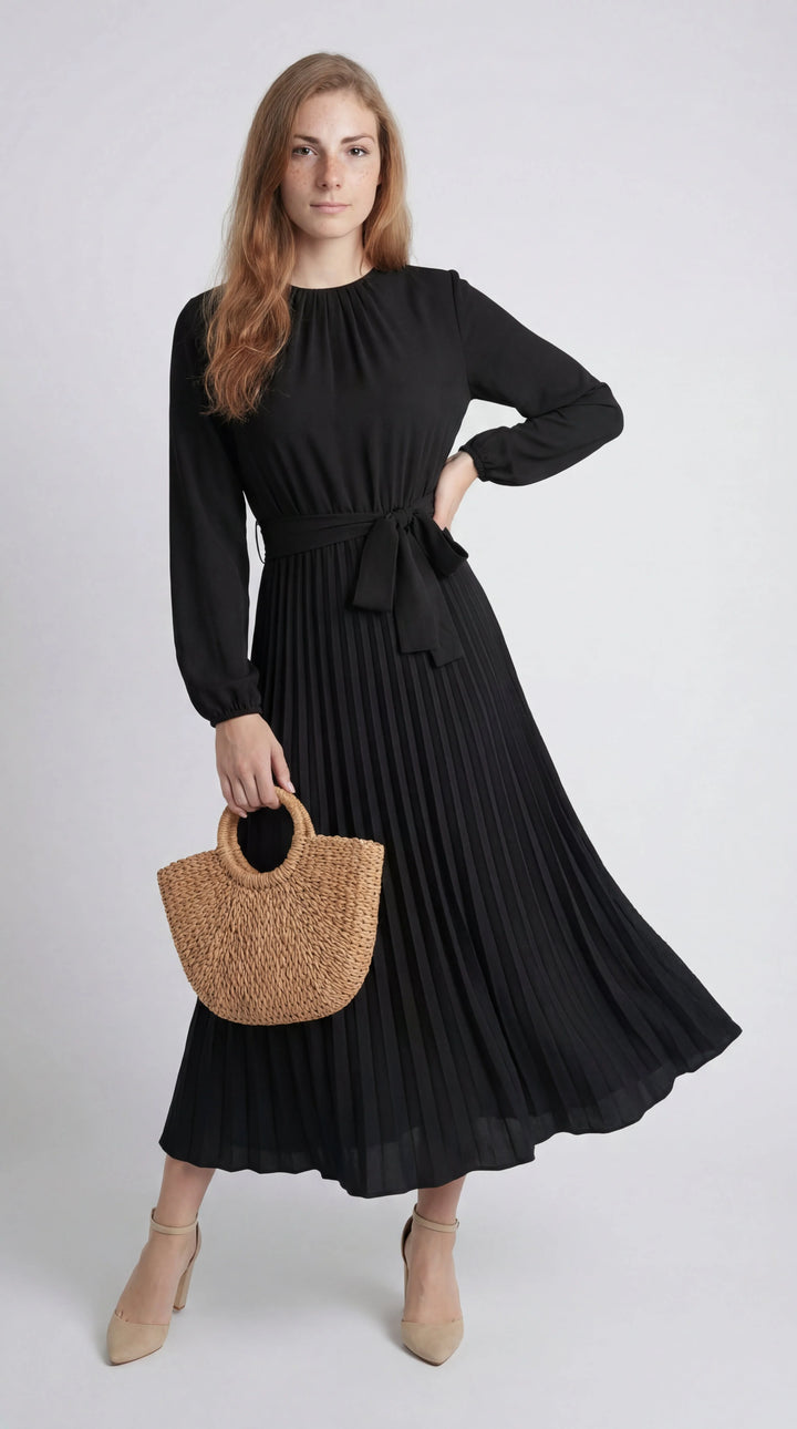 Damen Midikleid mit Falten – Bindegürtel, Stehkragen, Lange Ärmel