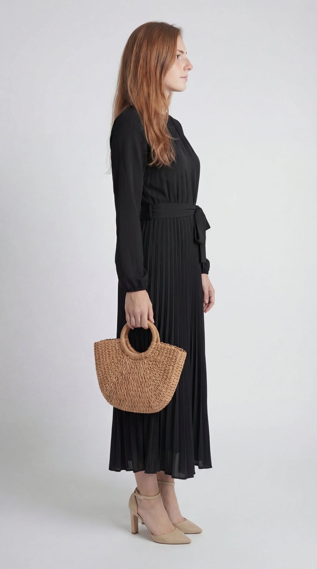 Damen Midikleid mit Falten – Bindegürtel, Stehkragen, Lange Ärmel