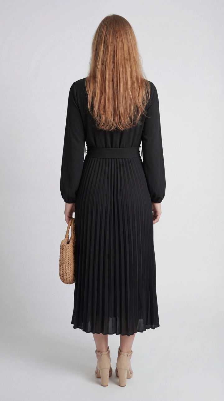 Damen Midikleid mit Falten – Bindegürtel, Stehkragen, Lange Ärmel