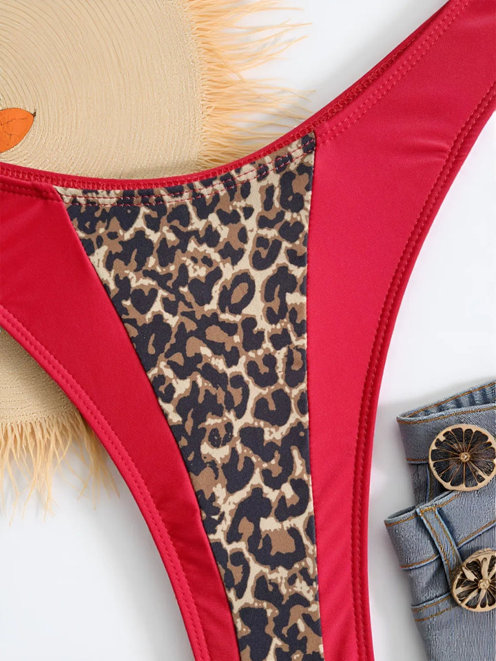 Bikini Femme Triangle – Imprimé Léopard et Colorblock Rouge