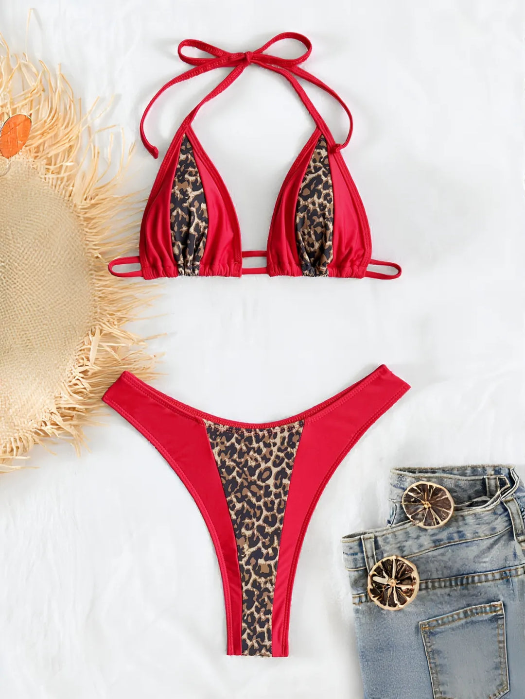 Bikini Femme Triangle – Imprimé Léopard et Colorblock Rouge