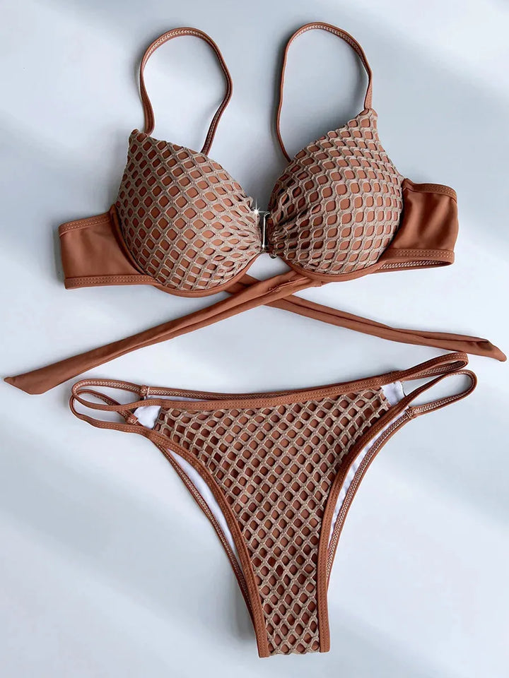 Damen-Bikini mit Netz-Überlagerung – Bügel und doppelte Träger