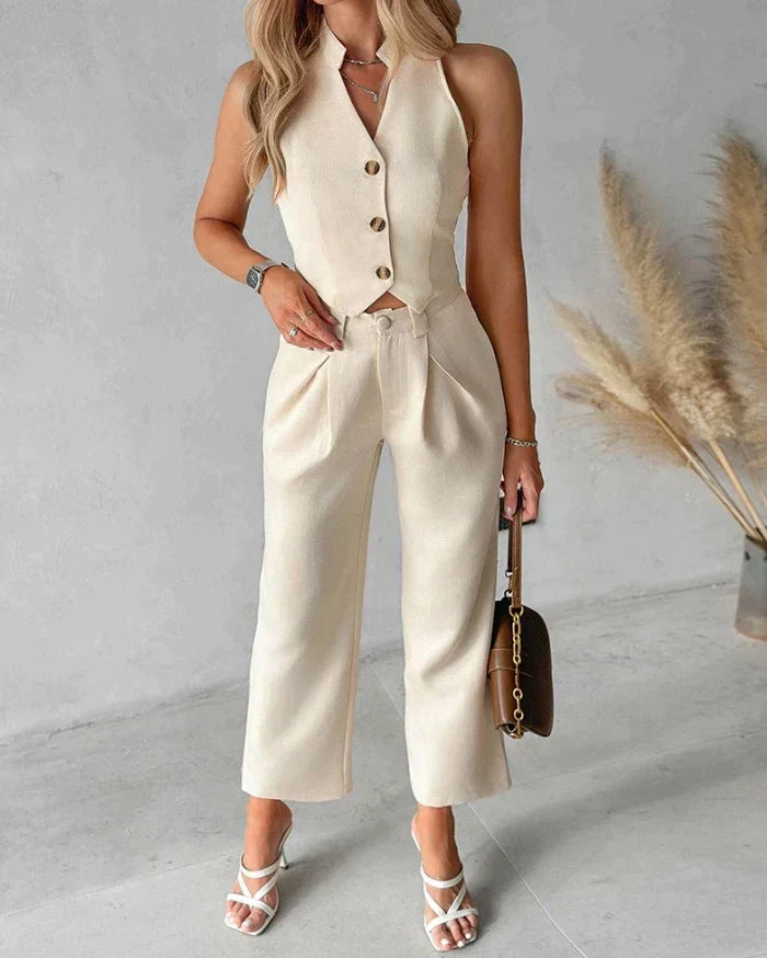 Women's Set Sleeveless Vest and Straight Pants – Two-Piece Suit