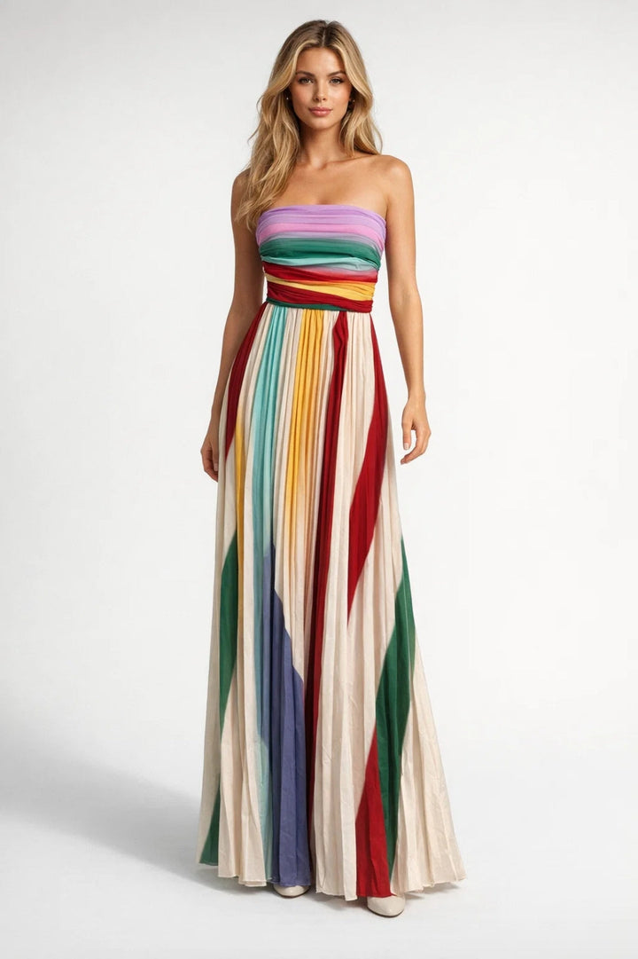 Women's Long Strapless Dress – Vertical Multicolored Stripes