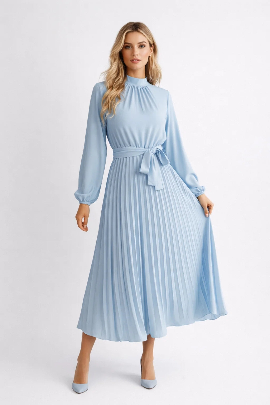 Vestito Midi Donna Plissettato – Vita Stretta e Maniche Lunghe