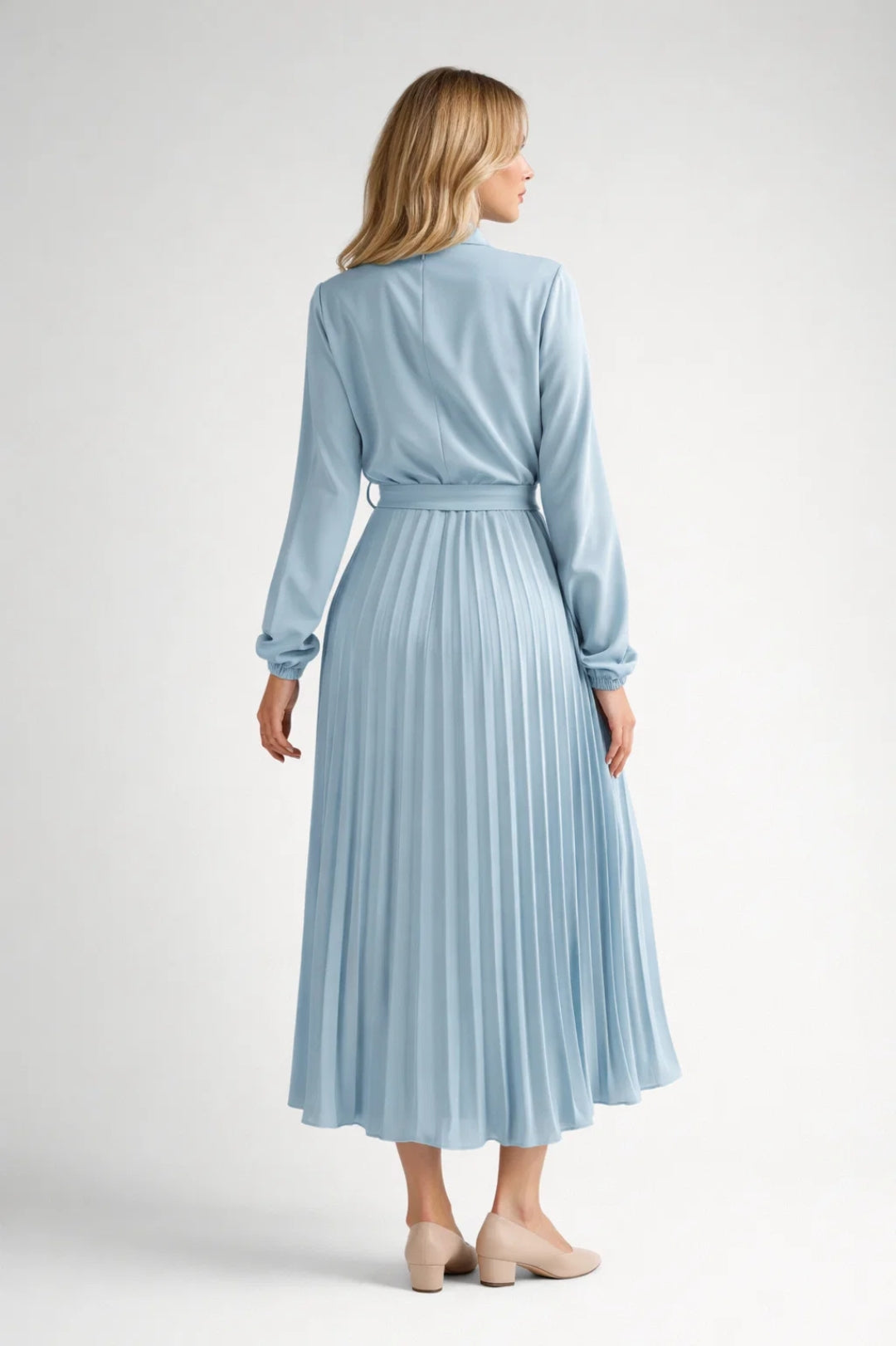 Vestito Midi Donna Plissettato – Vita Stretta e Maniche Lunghe