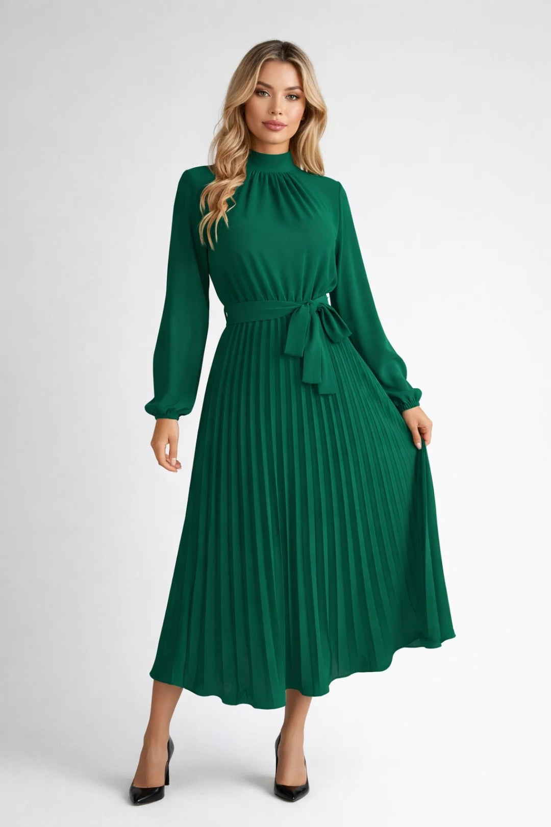 Vestito Midi Donna Plissettato – Vita Stretta e Maniche Lunghe