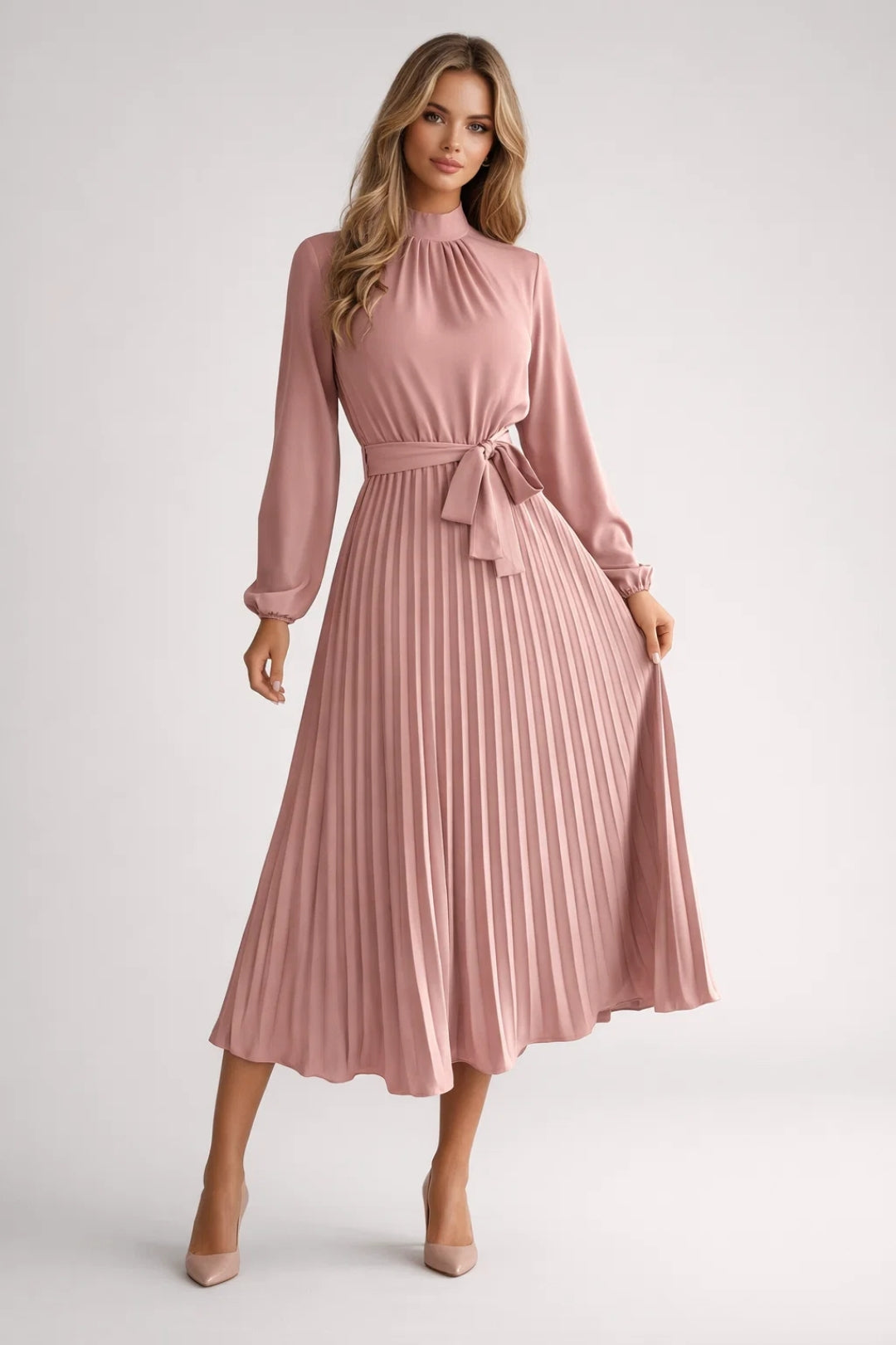 Vestito Midi Donna Plissettato – Vita Stretta e Maniche Lunghe