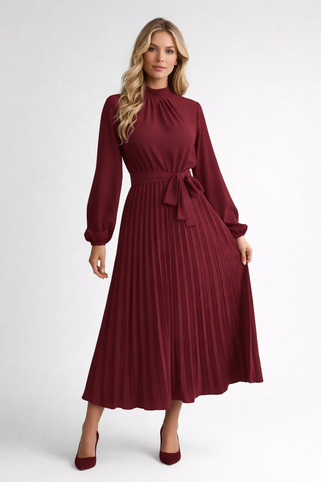 Vestito Midi Donna Plissettato – Vita Stretta e Maniche Lunghe