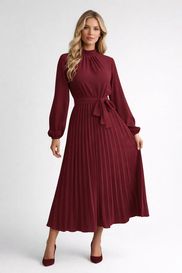 Vestito Midi Donna Plissettato – Vita Stretta e Maniche Lunghe