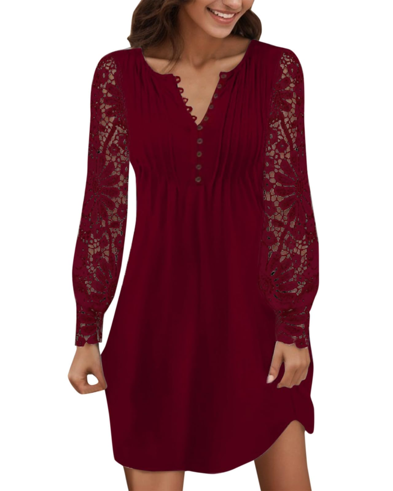 Robe Courte Femme en Dentelle – Col V Manches Longues Coupe Ajustée