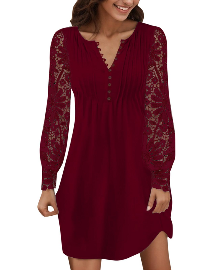 Robe Courte Femme en Dentelle – Col V Manches Longues Coupe Ajustée