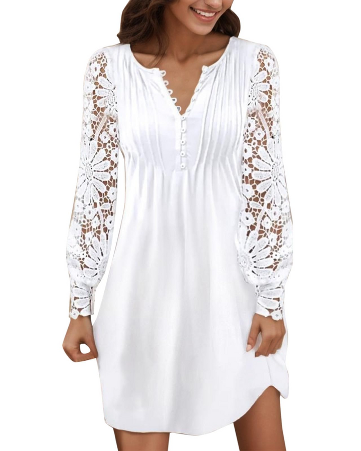 Robe Courte Femme en Dentelle – Col V Manches Longues Coupe Ajustée