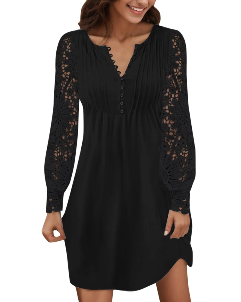 Robe Courte Femme en Dentelle – Col V Manches Longues Coupe Ajustée
