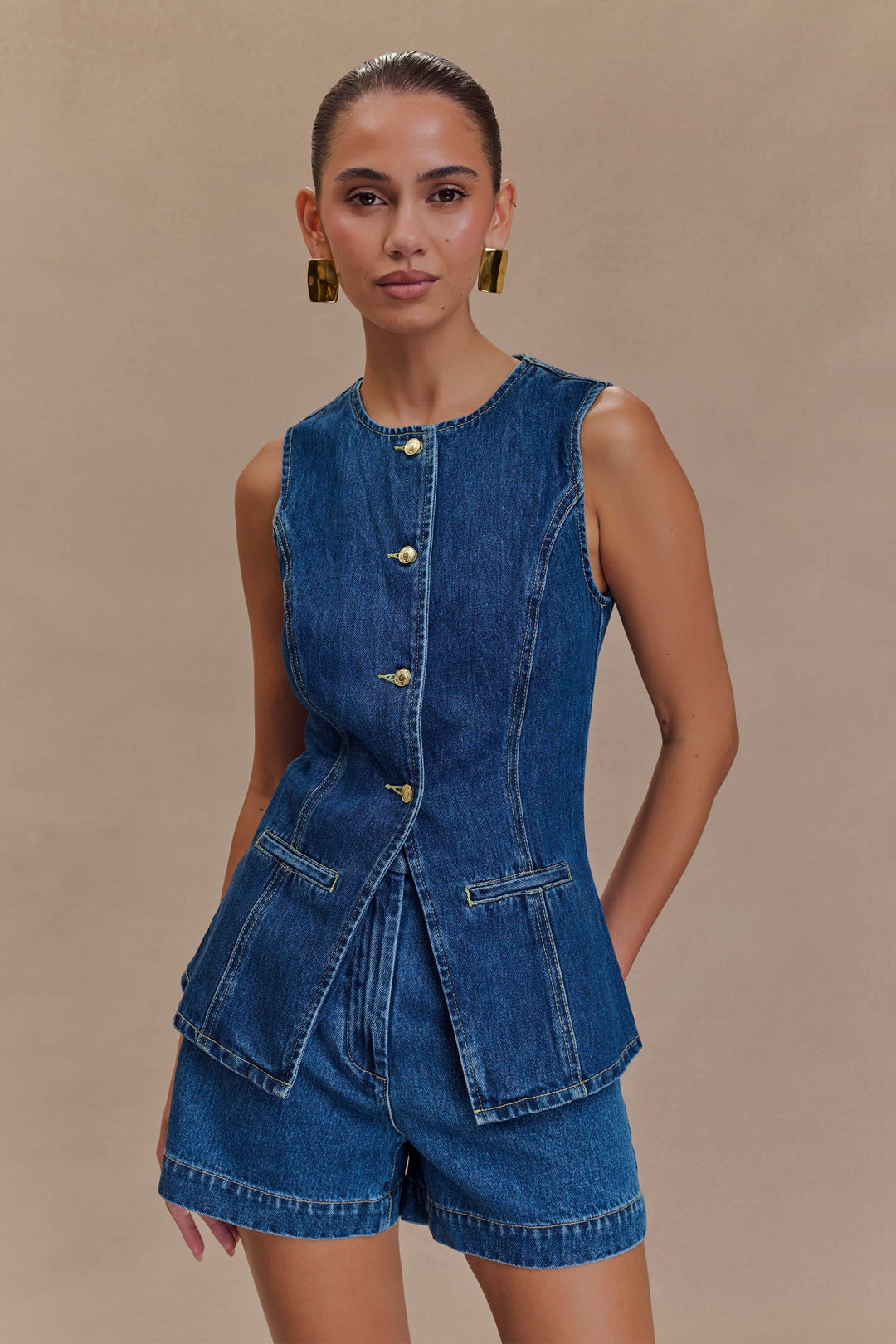 Women's Washed Denim Set – Structured Vest & High-Waisted Shorts