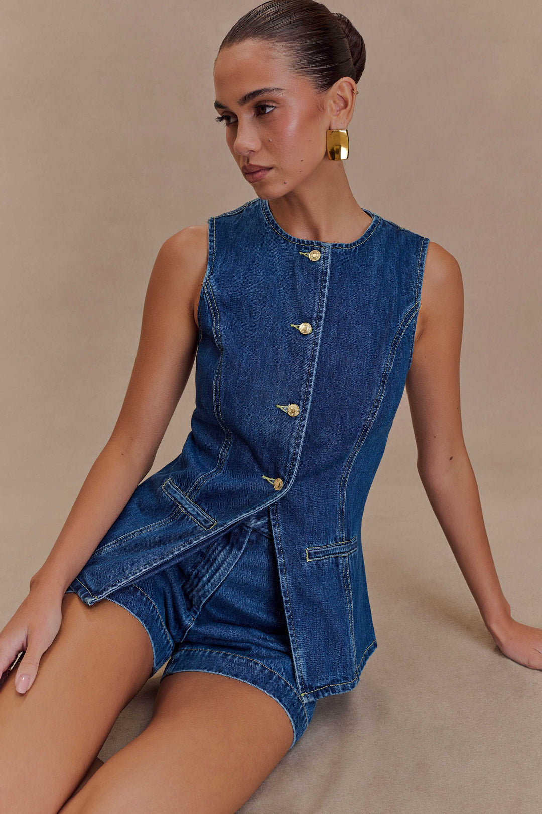 Women's Washed Denim Set – Structured Vest & High-Waisted Shorts