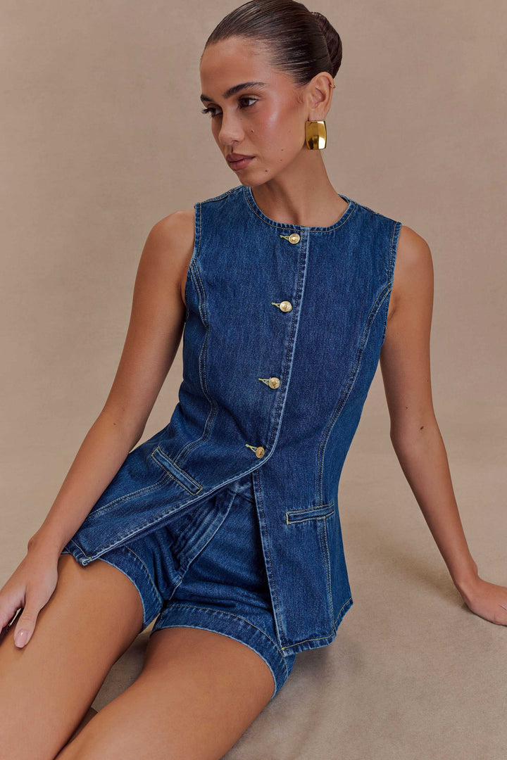 Women's Washed Denim Set – Structured Vest & High-Waisted Shorts