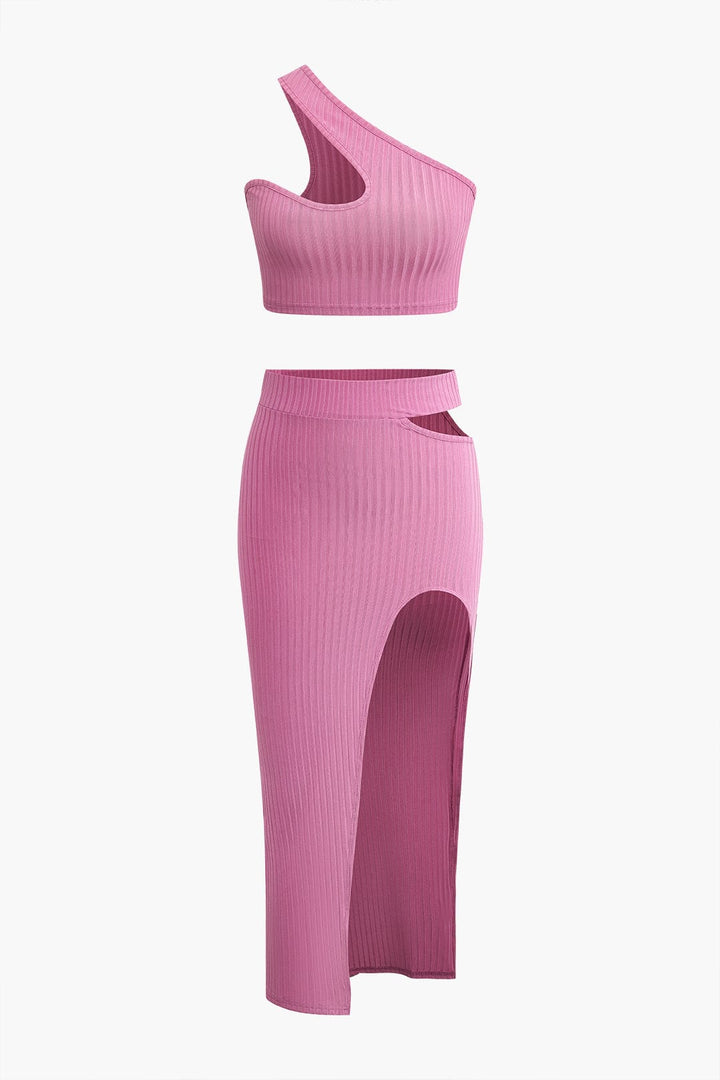Zweiteiliges Damen-Set aus geripptem Strick – asymmetrisches Top & Bodycon-Rock