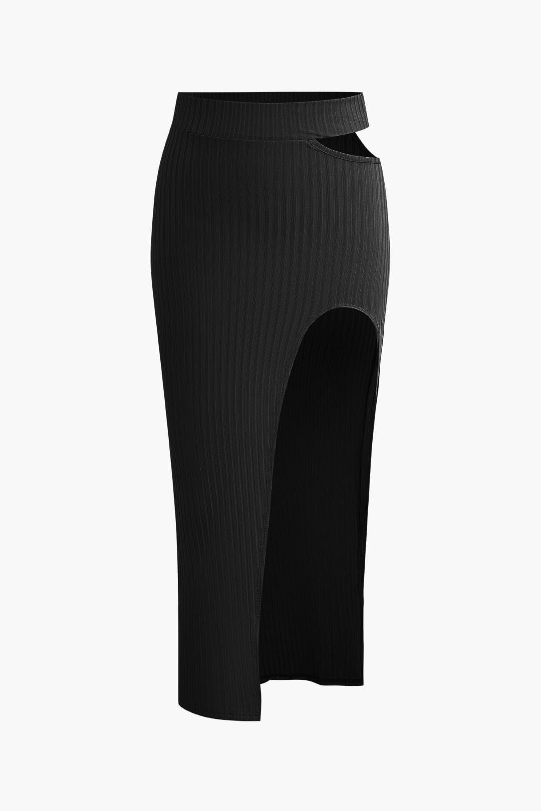 Zweiteiliges Damen-Set aus geripptem Strick – asymmetrisches Top & Bodycon-Rock
