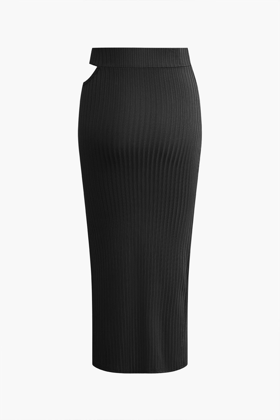 Zweiteiliges Damen-Set aus geripptem Strick – asymmetrisches Top & Bodycon-Rock