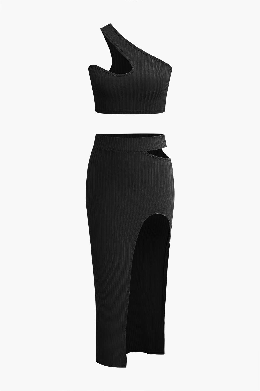 Zweiteiliges Damen-Set aus geripptem Strick – asymmetrisches Top & Bodycon-Rock