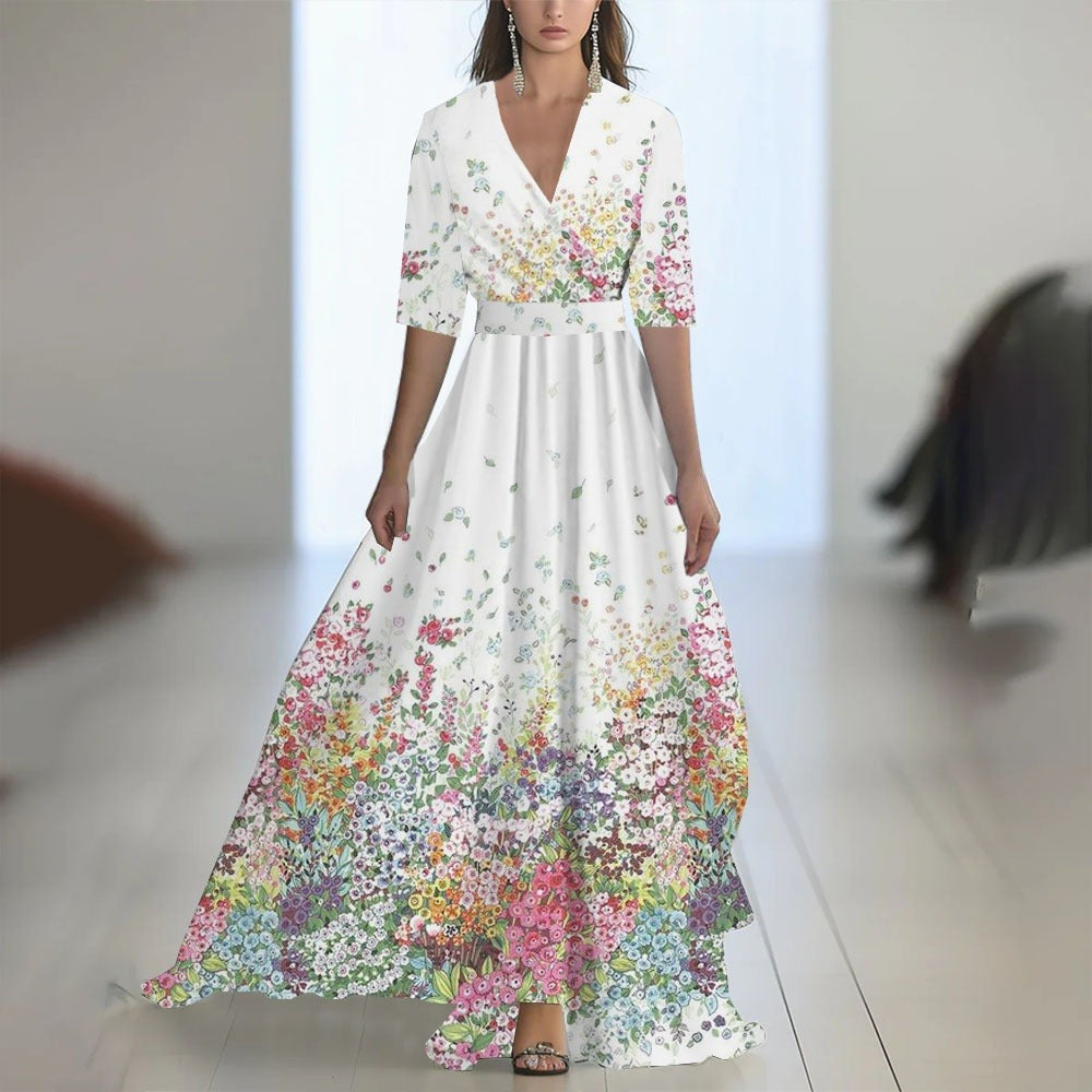 Damen Maxikleid mit Blumenmuster – V-Ausschnitt, taillierter Schnitt