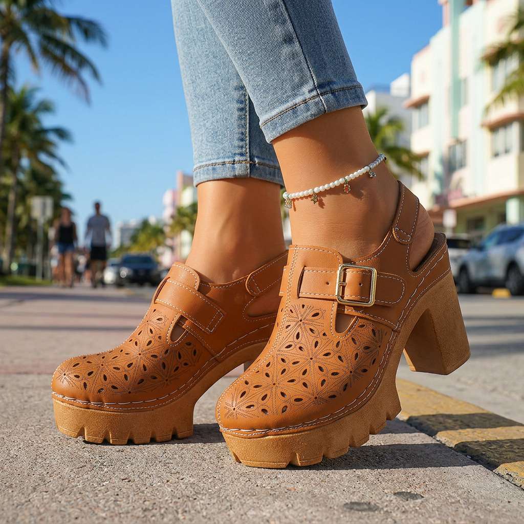 Plateau-Pumps für Damen – Blockabsatz und florale, perforierte Sohle