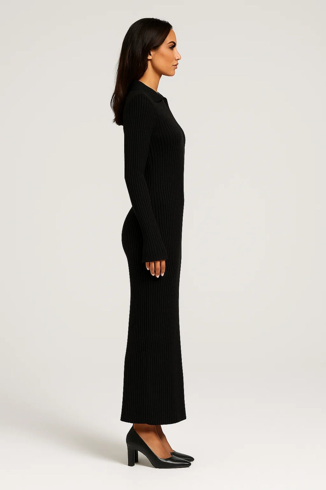 Abito Maxi Donna in Cotone Costine – Scollo a V Profondo e Taglio Slim