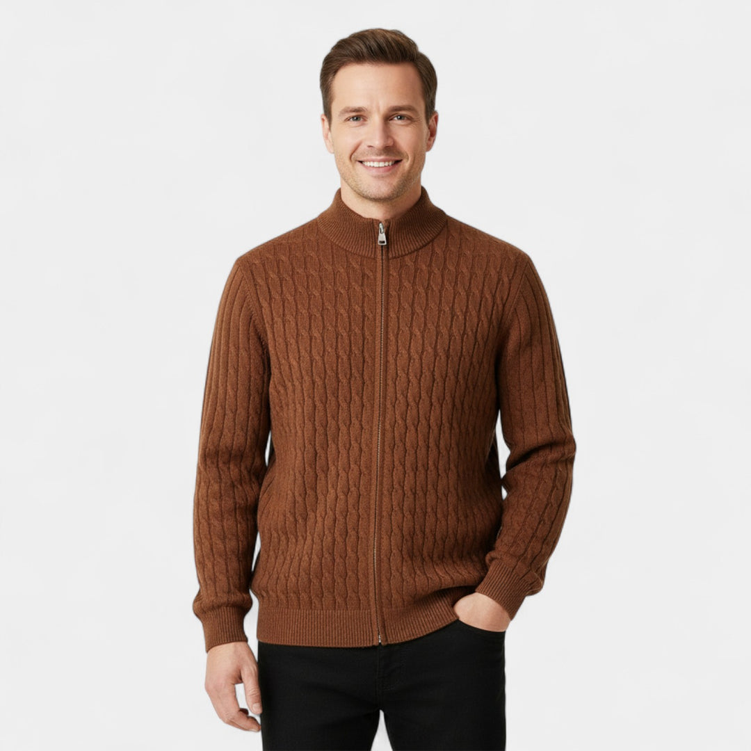 Herren Zopfmuster-Cardigan aus Wolle – Jacquard mit halbhohem Kragen