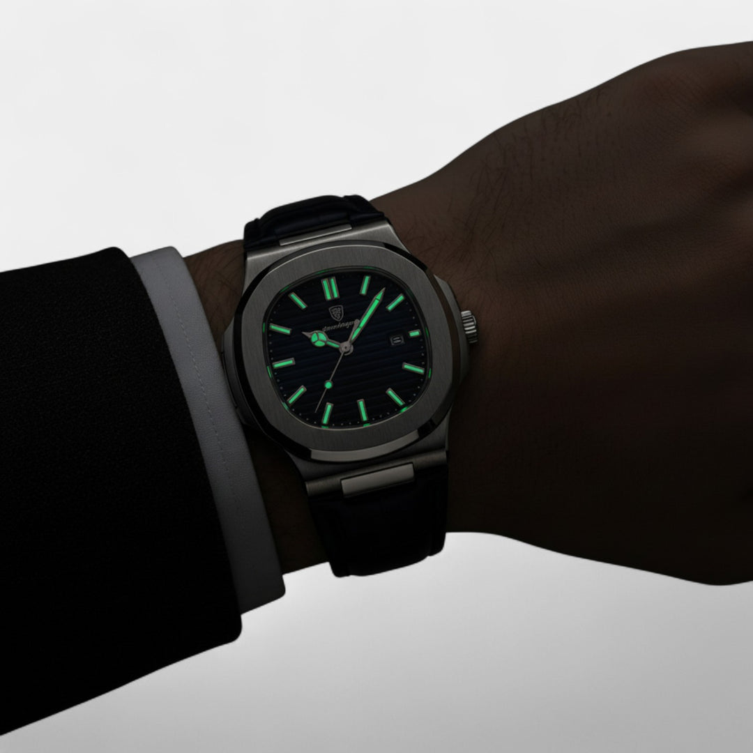 Orologio da Uomo con Cinturino in Pelle Blu – Quarzo Luminoso e Impermeabile 40 mm