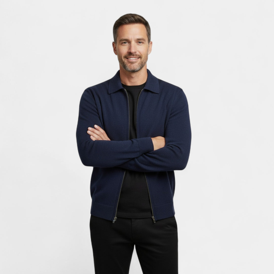 Herren Cardigan aus Merinowolle – Strick mit Reverskragen und Reißverschluss, raffinierte Passform