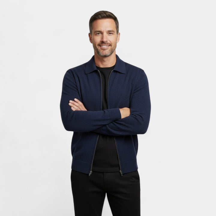 Herren Cardigan aus Merinowolle – Strick mit Reverskragen und Reißverschluss, raffinierte Passform