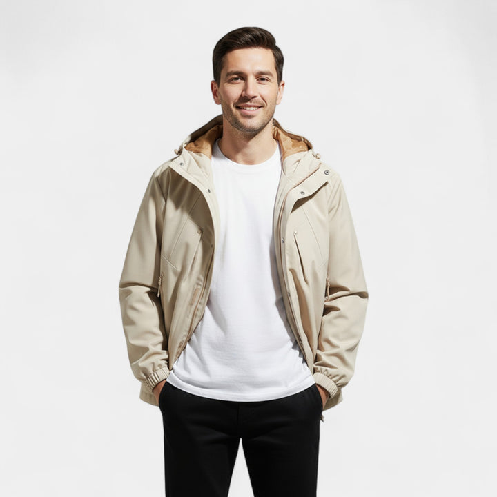 Giacca uomo con cappuccio casual in tessuto tecnico misto – moderna, leggera, silhouette raffinata