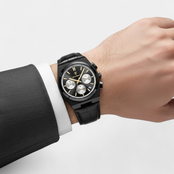 Herrenuhr mit schwarzem Lederarmband – Multifunktionales Quarzwerk 41 mm