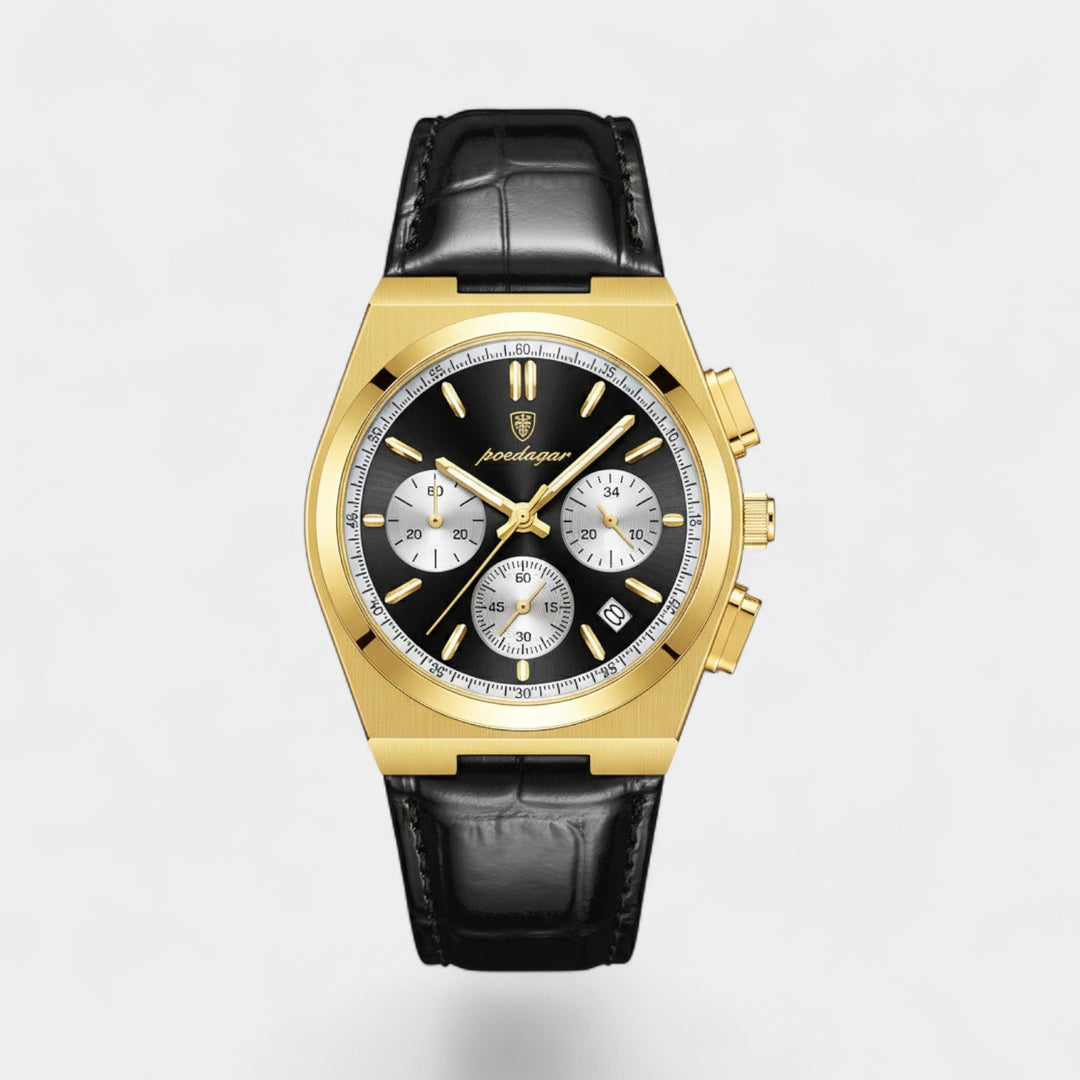 Herrenuhr mit schwarzem Lederarmband – Multifunktionales Quarzwerk 41 mm