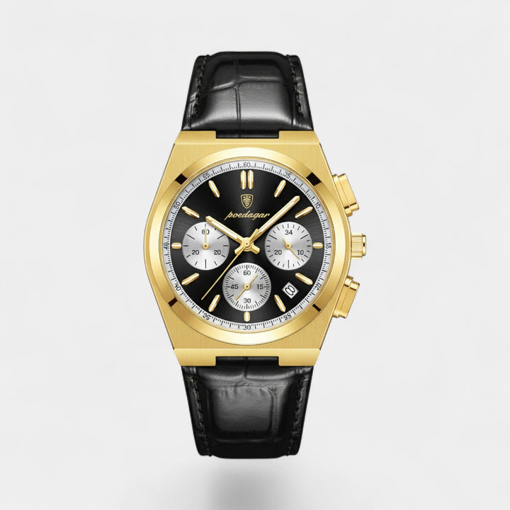 Herrenuhr mit schwarzem Lederarmband – Multifunktionales Quarzwerk 41 mm