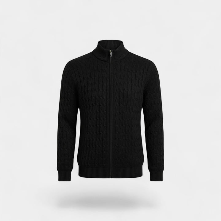 Herren Zopfmuster-Cardigan aus Wolle – Jacquard mit halbhohem Kragen
