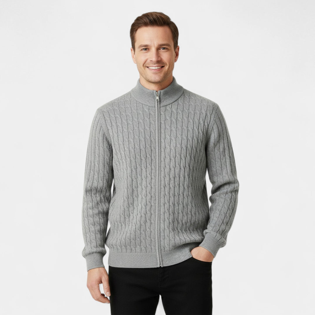Herren Zopfmuster-Cardigan aus Wolle – Jacquard mit halbhohem Kragen