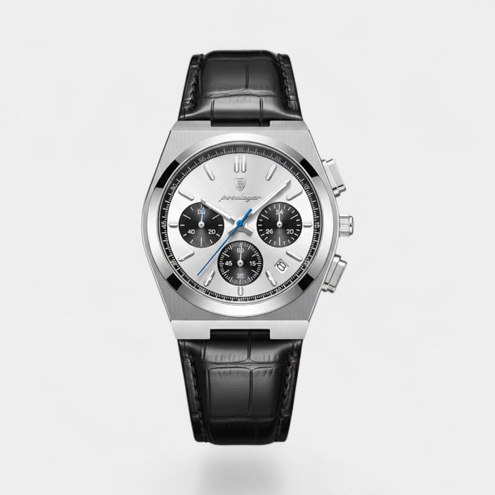 Herrenuhr mit schwarzem Lederarmband – Multifunktionales Quarzwerk 41 mm