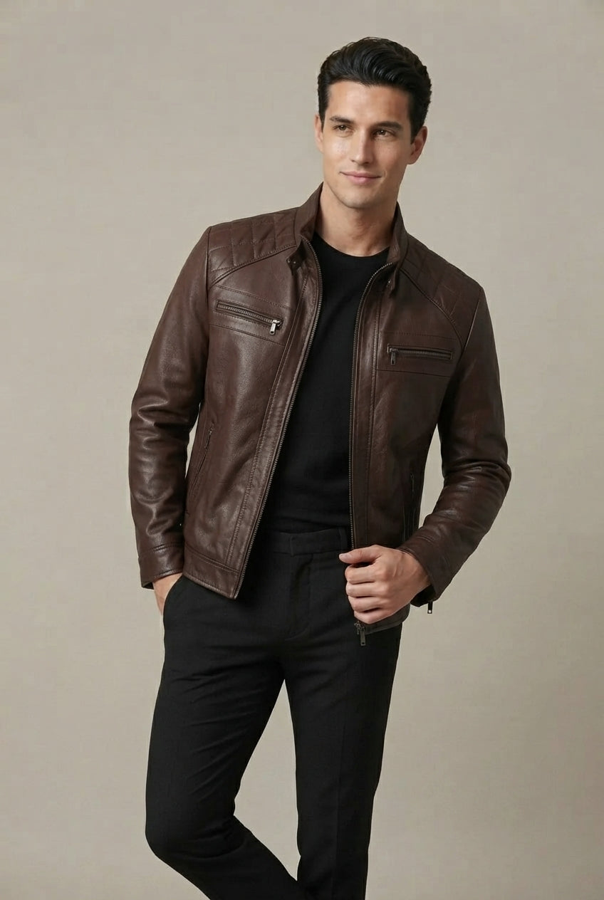 Veste Homme Col Montant – Fermeture Zippée Finition Similicuir
